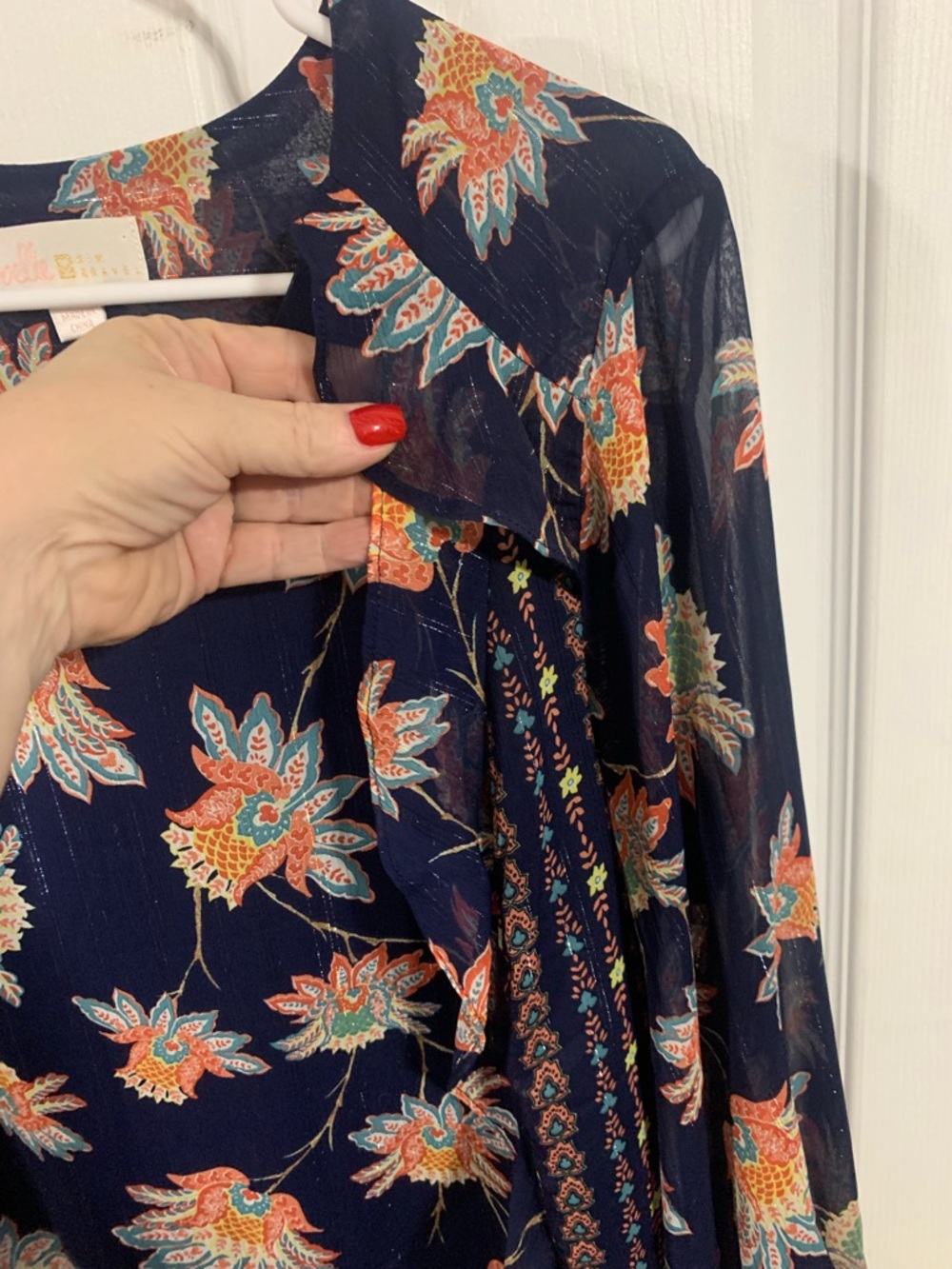 Belle by Kim Gravel Navy Floral Ruffle-Trim Blouse - Picture 4 of 5